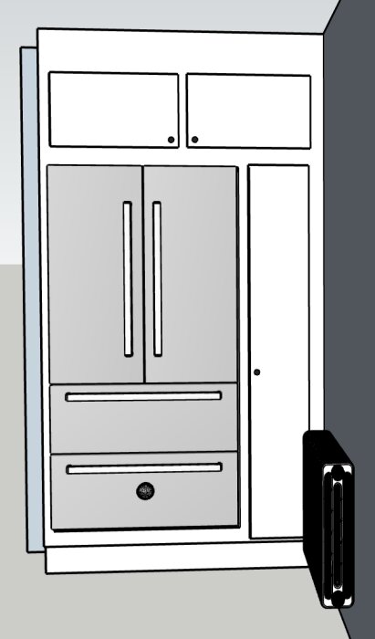 Illustration av en köksinredning med en 90 cm bred kyl/frys med franska dörrar, upplyft 20 cm från golvet. Bredvid kylen finns ett smalare skåp och en radiator.