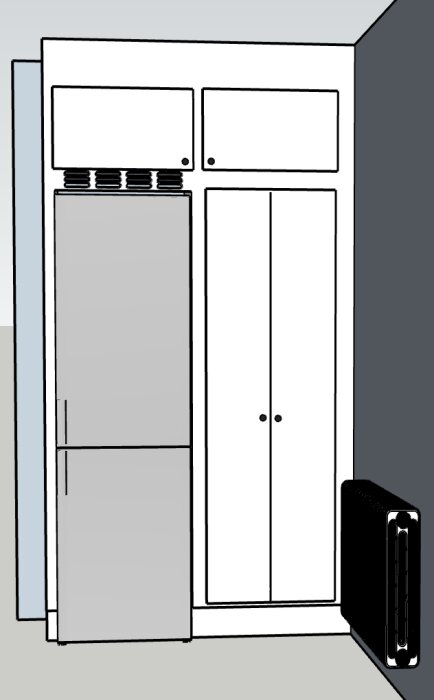 Skiss av köksskåp med en grå kyl/frys placerad till vänster om ett vit skåp. En radiator är placerad på väggen till höger om skåpen.
