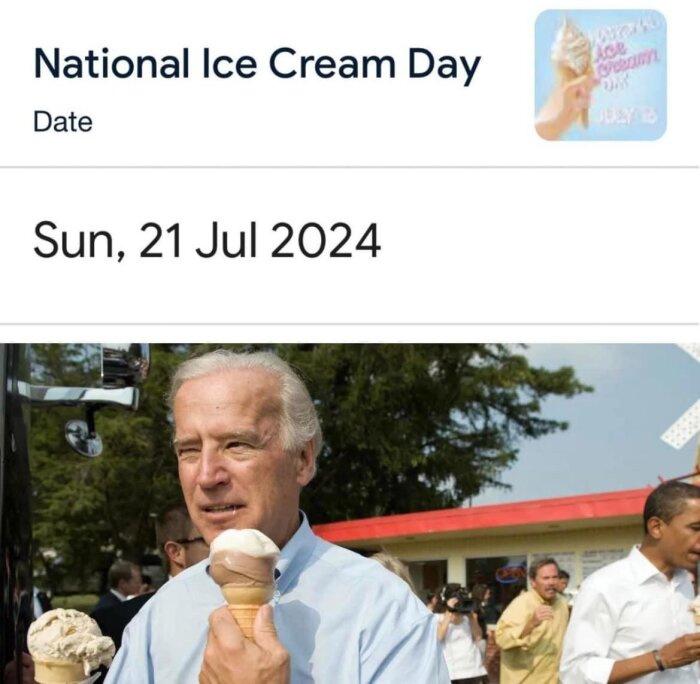 Två män äter glasstrutar utomhus framför en byggnad med rött tak under National Ice Cream Day, som infaller på söndag den 21 juli 2024.