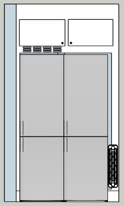 Ritning av ett kök med två höga kylskåp sida vid sida, överskåp, ventilationsgaller ovanför kylarna och ett element till höger om kylarna.