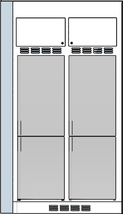 Illustration av två kylskåp placerade under två skåp med luckor och ventiler emellan. Luckorna linjerar inte med kylarna och har olika bredd.