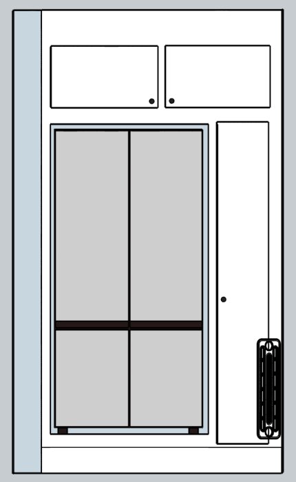 Illustration av en fristående Bosch kombinerad kyl/frys med franska dörrar, installerad i ett köksskåp.