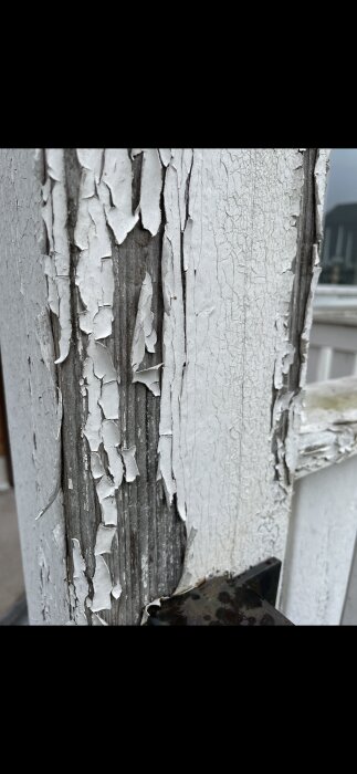 Närbild på en träbeklädnad med sprucken vit färg som flagar av och blottar grått trä under, sannolikt en del av ett äldre hus.