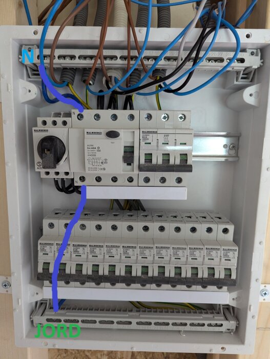 Elcentral med märkta kablar för Neutral (N) och Jord (PE). Kablarna är inkopplade från översta ingången på jordfelsbrytaren (JFB) till N-skenan och nedre ingången till PE-skenan.