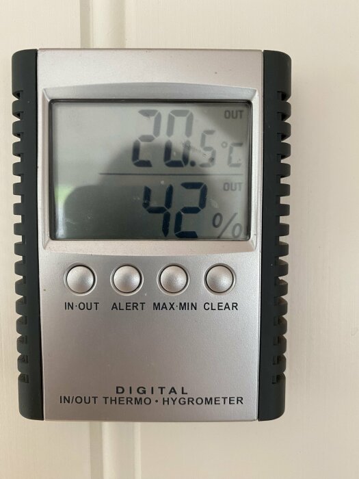 Digital termo- och hygrometer visar 20,5°C och 42% luftfuktighet monterad på en beige vägg.