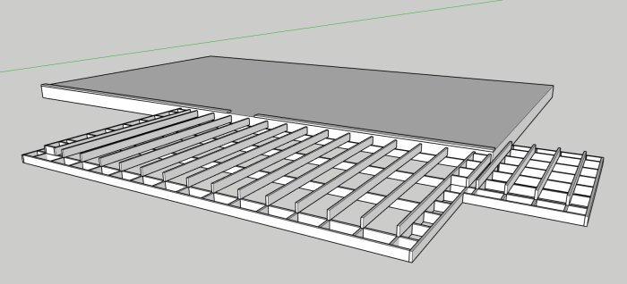 Skiss av träbjälklag för altandäck med bjälkar placerade i ett mönster som korsar varandra, visande två nivåer av stödstruktur.
