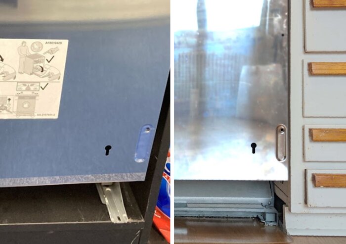 Närbild på en integrerad diskmaskin från AEG (modell FSE63307P) under installation, med fokus på diskret fästen på sidorna och omgivande köksskåp.