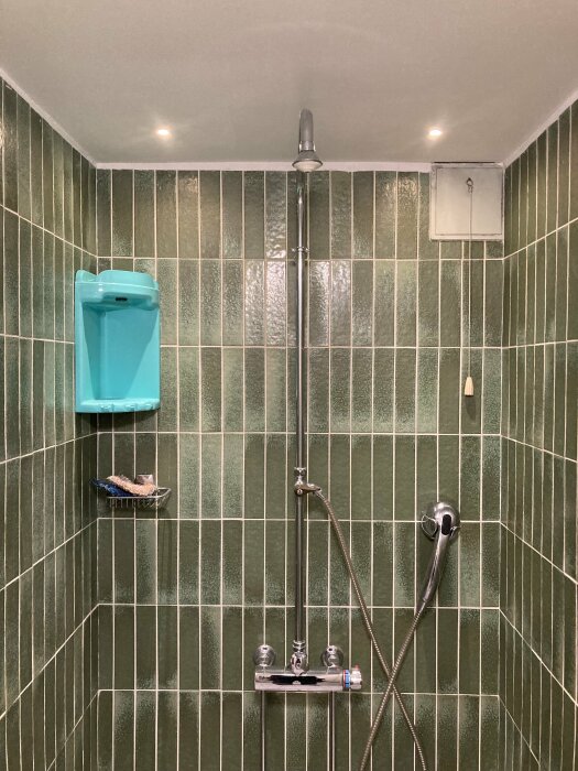 Dusch med gröna kakelväggar, duschhuvud och handdusch, blå tvålhållare och metallkorg med borste. Spottar i taket lyser upp badrummet.