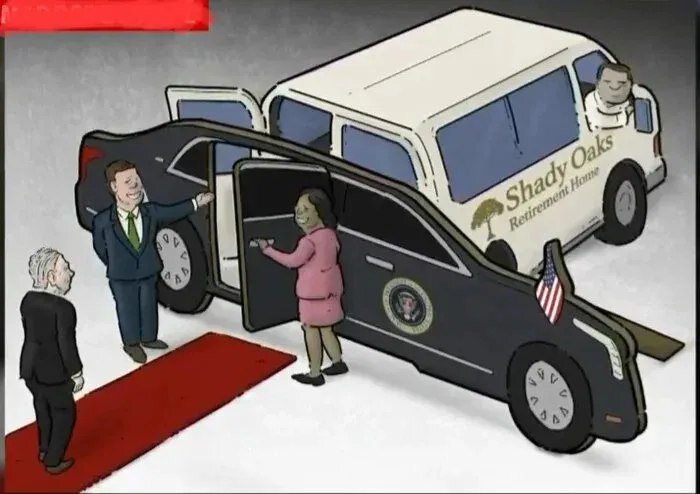 En tecknad scen där en kvinna leds in i en limousine märkt med presidentstämpel medan en man tittar ut från en skåpbil märkt "Shady Oaks Retirement Home".