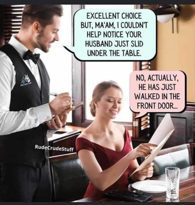 En servitör tar emot en beställning från en kvinna som sitter vid ett bord och läser en meny. Textbubblor ovanför dem har olika humoristiska kommentarer.