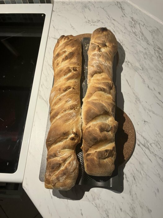 Två nybakade pain riche-bröd på en bakplåt i ett kök med marmorerat bänkskiva bakgrund. Bröden har en gyllene yta och tydliga skåror.