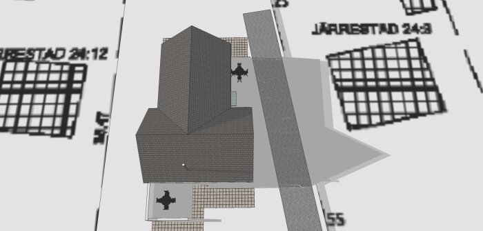 3D-modell i SketchUp som visar hur skuggan från ett hus faller vid olika tidpunkter över tre månader. Husets tak och skuggor är framträdande.