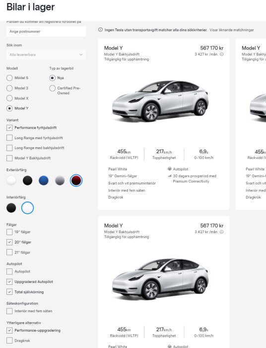 En webbplats med Tesla-bilar i lager, specifikt Model Y, inklusive priser, specifikationer och färgalternativ.