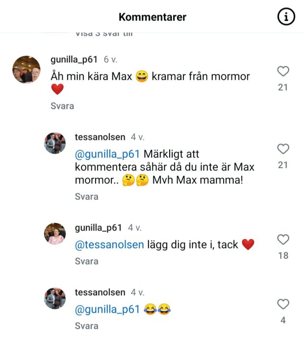 Skärmbild av en kommentarstråd på Instagram där användare diskuterar relationer, med kommentarer och emojis mellan "gunilla_p61" och "tessanolsen".