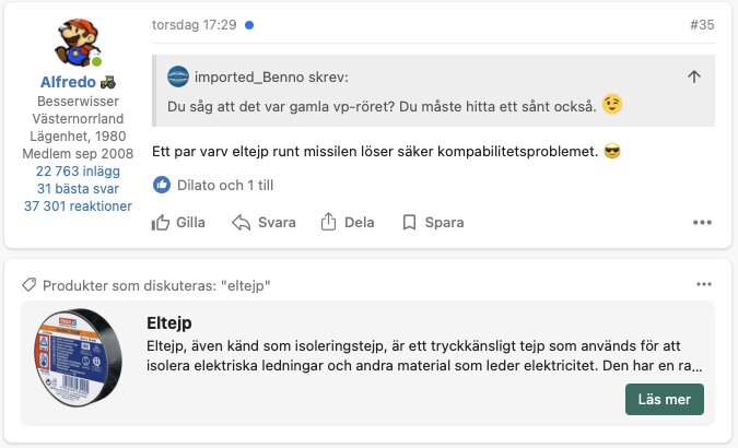 Bild av ett inlägg på ett diskussionsforum där en användare rekommenderar ett varv eltejp runt missilen för att lösa kompatibilitetsproblem, med en produktbeskrivning av eltejp.