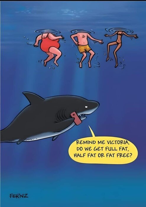 Tecknad bild av tre människor som simmar utan huvuden ovanför vattenytan. En haj under dem håller en telefon och frågar: "Påminn mig Victoria, får vi fullfett, halvfett eller fettfritt?