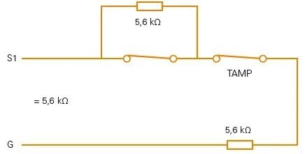 Kretsdiagram som visar anslutningen av ett ändmotstånd på 5,6 kΩ i en larmanläggning mellan två punkter S1 och G, med en kortslutning vid TAMP.
