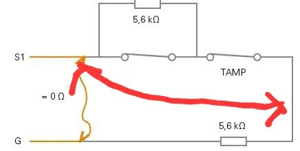 Elschema som visar hur ett ändmotstånd är kopplat och effekten på larmcentralen vid kortslutning, med en röd pil för att markera kortslutningsvägen och en gul pil för motståndsposition.