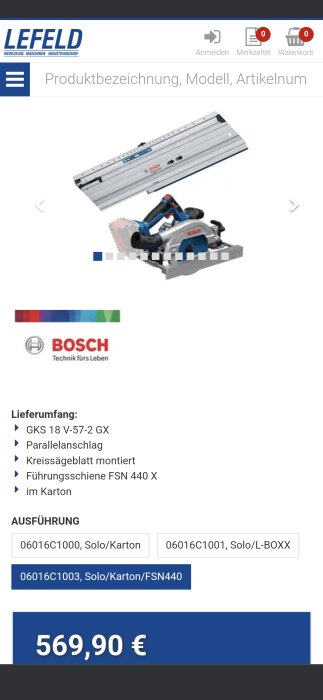 Bosch cirkelsåg GKS 18 V-57-2 GX med styrskena FSN 440 X, listad på en tysk webbutik Lefeld för 569,90 € som visas på en webbsida.