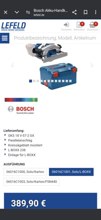 Produktbild av Bosch trådlös handkapsåg GKS 18 V-57-2 GX och förvaringslåda L-BOXX 238 på Lefelds hemsida med ett pris på 389,90 €.