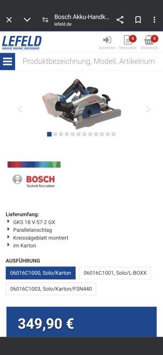 Bosch batteridriven cirkelsåg listad på Lefelds webbsida med priset 349,90 €.