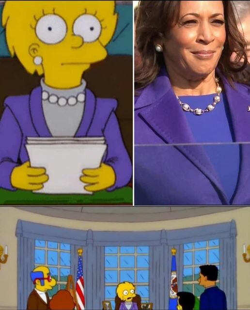 En tecknad karaktär från The Simpsons och en kvinna bär liknande kläder, och en scen från The Simpsons där karaktären är i ett kontor liknande Ovala rummet.