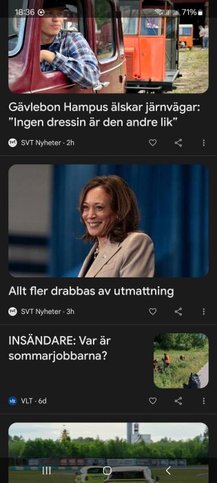 Skärmdump av Google News med artiklar från SVT Nyheter och VLT, inklusive bild på kvinna som ler och man i rutig skjorta som tittar ut från ett tåg.