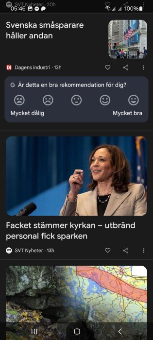 Skärmdump av Google News-app som visar rubriker inklusive "Svenska småsparare håller andan" och "Facket stämmer kyrkan – utbränd personal fick sparken".