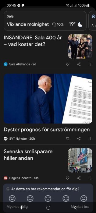 Skärmbild av Google News som visar bland annat en artikel med en president som går bakom ett blått skynke, samt artiklar om surströmming och småsparare.