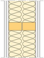 Skiss av en vägg med två lager gips, isolering och två träreglar på vardera sida.