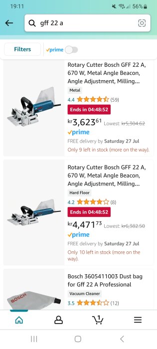 Sökresultat på Amazon för "gff 22 a", inklusive roterande skärare Bosch GFF 22 A och tillbehör med priser och leveransinformation.