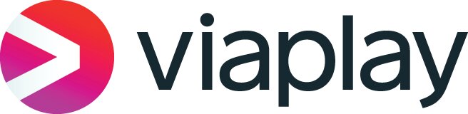 Logotyp för Viaplay med en ikon i form av en triangel och ordet "viaplay" i svart text.