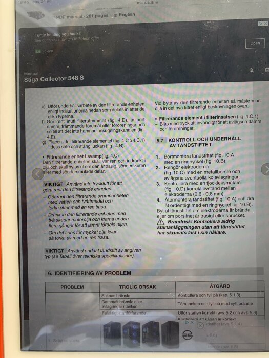 Manual för Stiga Collector 548 S gräsklippare, visar text om underhåll av luftfilter och kontroll av tändstift, med detaljerade steg och anvisningar.