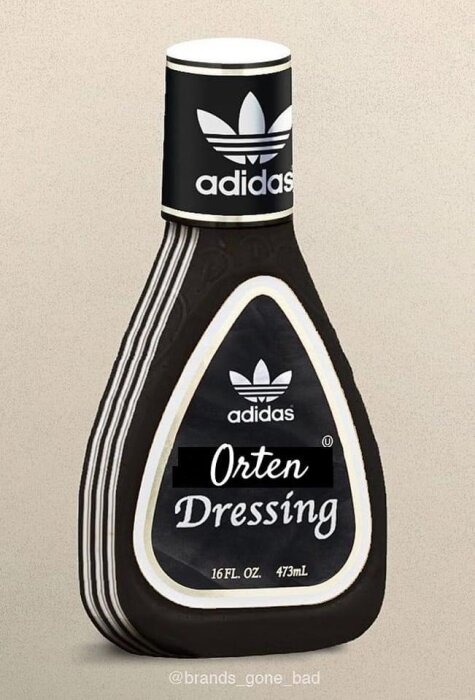 Flaska med svart etikett med texten "Orten Dressing" och Adidas-logotyp. Flaskan har svart kork med texten "adidas" och Adidas-logotyp. 473 ml.