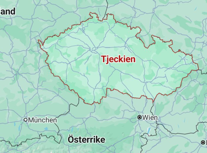 Karta som visar Tjeckien och dess gränser, omgiven av Tyskland, Österrike och andra länder. Platserna München och Wien är märkta på kartan.