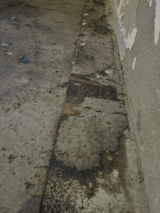 Närbild av ett smutsigt golv med stora mörka fläckar och skadat, avslitande tapet intill väggen.