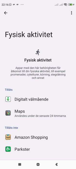 Inställningssida på en smartphone som visar appar som har behörighet att spåra fysisk aktivitet. Appar som är tillåtna inkluderar "Digitalt välmående" och "Maps".