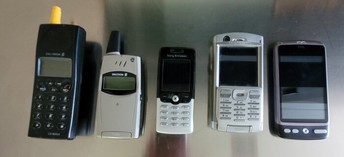 Fem gamla mobiltelefoner från Ericsson, Sony Ericsson och HTC ligger uppradade på ett bord.