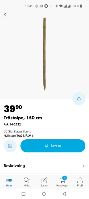 Trästolpe, 150 cm lång, visas på en webbsida med priset 39,90 kr.