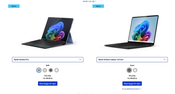 Produktbild som visar Nyhet Surface Pro till vänster i färgen Safir och Nyhet Surface Laptop 13,8 tum till höger i färgen Svart. Pris från 14.199,00 kr.