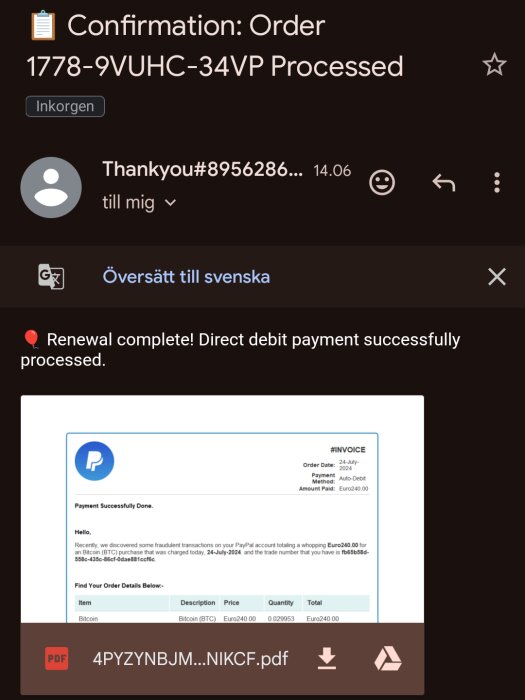 Ett misstänkt phishingmail som utger sig vara en betalningsbekräftelse från PayPal med en bifogad PDF-fil för nedladdning.