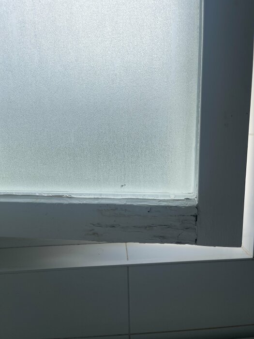 Träram under ett frostat badrumsfönster med tydliga tecken på röta.