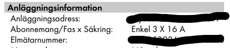Bilden visar en elräkning med texten "Anläggningsinformation" och en abonnemangsspecificering som säger "Enkel 3 X 16 A". Sekretessbelagd information är överstruken.