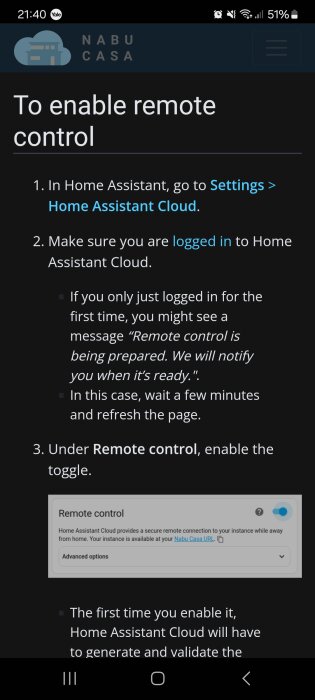 Guide för att aktivera fjärrkontroll i Home Assistant med tre steg, inklusive att gå till inställningar, logga in och aktivera fjärrkontrollväxeln.