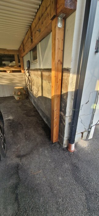 Under en carport med vit plåttak syns en träkonstruktion och en asfaltbelagd yta. På väggen finns en laddstation och en stubbe står på marken.