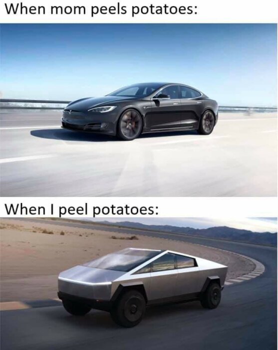 Överst: en sportig svart bil. Nederst: en futuristisk, kantig, silverfärgad bil. Texten jämför hur någon själv och deras mamma skalar potatis.