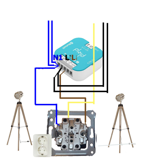 Elektronisk kopplingsschema med en Plejd-kontroll, kablar, ett vägguttag och två spotlightlampor, som illustrerar en DIM-01 installation utan väggdimmer.