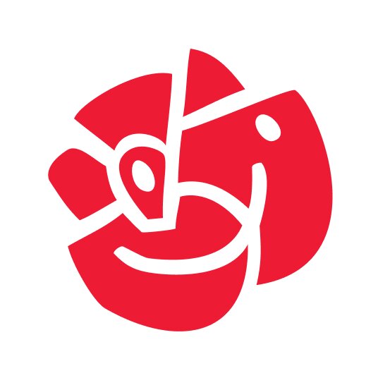Röd logotyp för Socialdemokraterna, en svensk politisk parti, formad som en stiliserad ros i modern design.