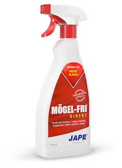 Sprayflaska med mögelbekämpningsmedel, "Jape Mögel-Fri Direkt", på vit bakgrund.