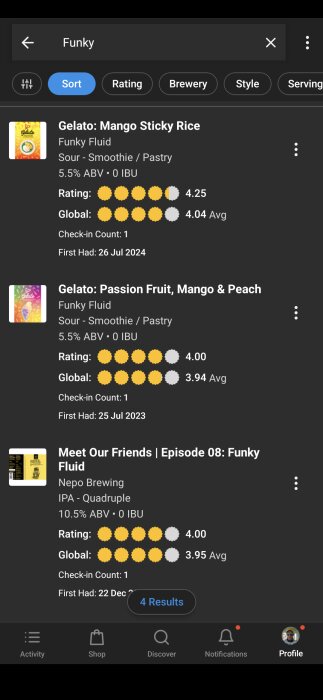 Skärmbild av en ölrecensionsapp som visar betyg och information om dryckerna "Gelato: Mango Sticky Rice", "Gelato: Passion Fruit, Mango & Peach" och "Meet Our Friends | Episode 08".